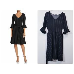 Leota New York Striped Fit and Flare Belted Dress Bell Sleeves
